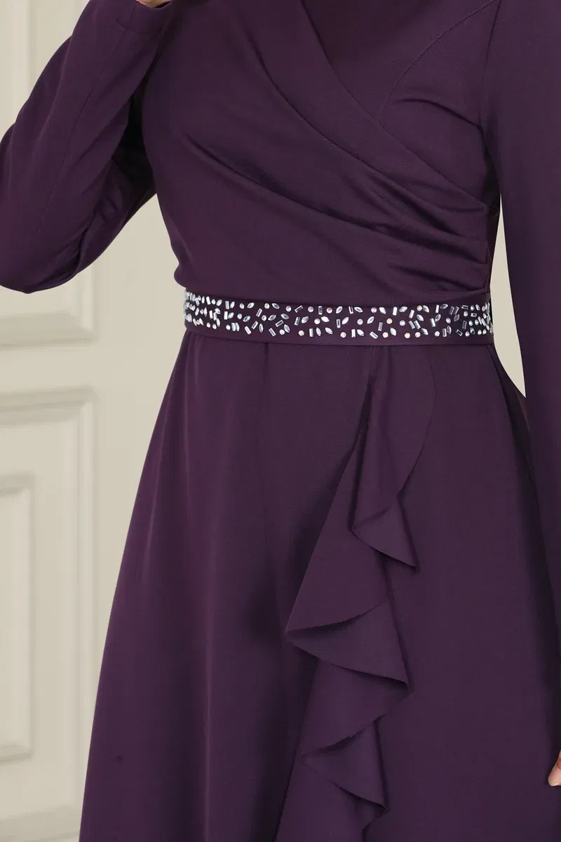 moda selvim Stone Detailed Evening Dresses with Flared Skirt ASM2497-1 Purple - Thumbnail