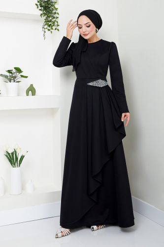 MRV S.L. - Stone Detailed Hijab Dress 5022SL890 Black