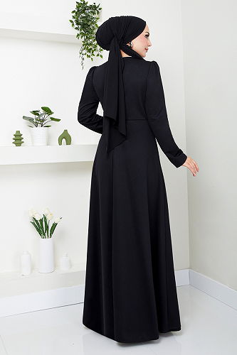 moda selvim Stone Detailed Hijab Dress 5022SL890 Black - Thumbnail