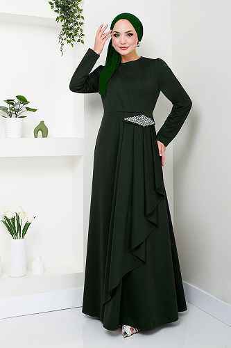 moda selvim Stone Detailed Hijab Dress 5022SL890 Emerald - Thumbnail