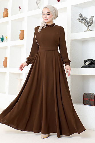 moda selvim Stone Detailed Hijab Evening Dress EMO6145-M Coffee - Thumbnail
