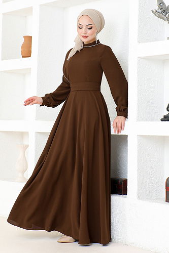 moda selvim Stone Detailed Hijab Evening Dress EMO6145-M Coffee - Thumbnail