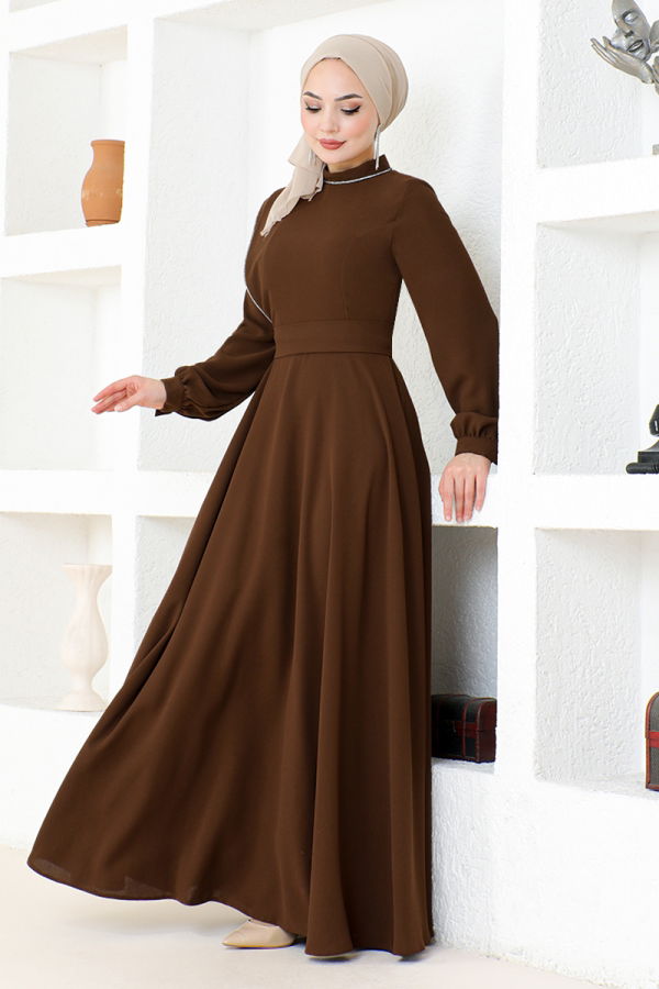 Modaselvim EVENING DRESSES Stone Detailed Hijab Evening Dress EMO6145-M Coffee