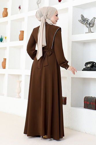 moda selvim Stone Detailed Hijab Evening Dress EMO6145-M Coffee - Thumbnail