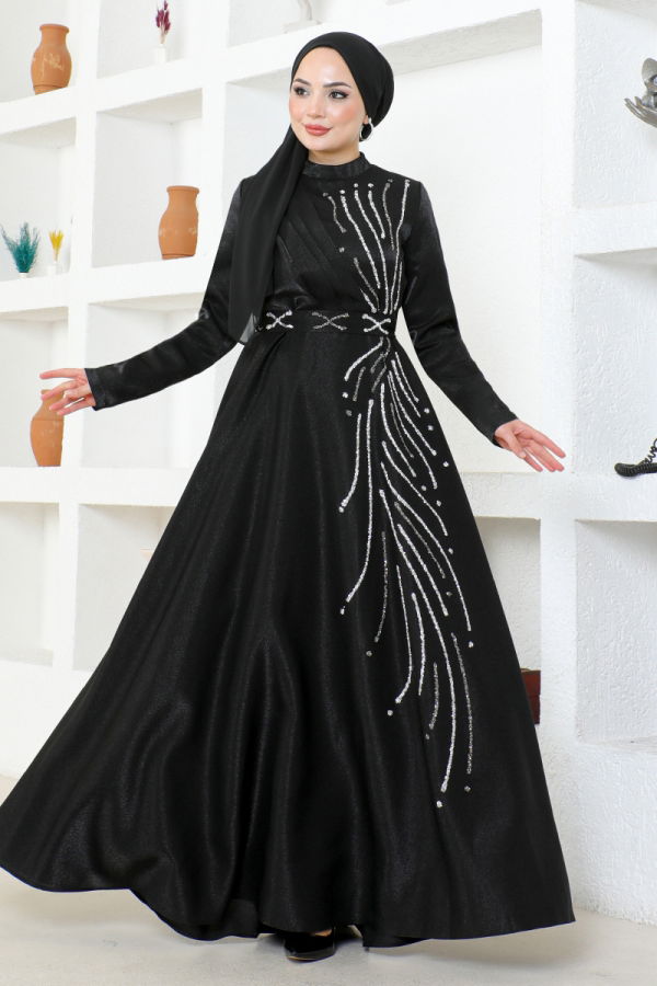 Modaselvim EVENING DRESSES Stone Detailed Satin Evening Dress LPN6067-M Black