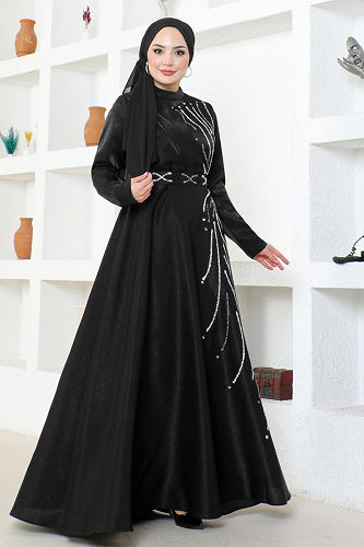 moda selvim Stone Detailed Satin Evening Dress LPN6067-M Black - Thumbnail