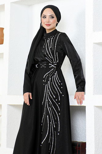 moda selvim Stone Detailed Satin Evening Dress LPN6067-M Black - Thumbnail