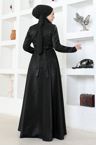 moda selvim Stone Detailed Satin Evening Dress LPN6067-M Black - Thumbnail