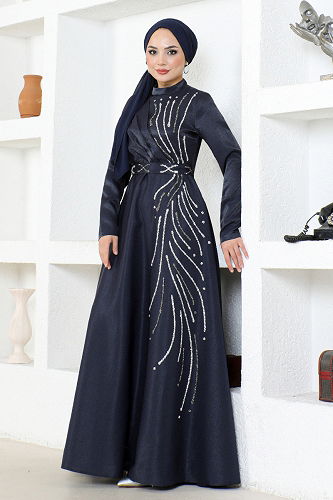 moda selvim Stone Detailed Satin Evening Dress LPN6067-M Laci - Thumbnail