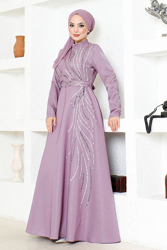 moda selvim Stone Detailed Satin Evening Dress LPN6067-M Lilac - Thumbnail