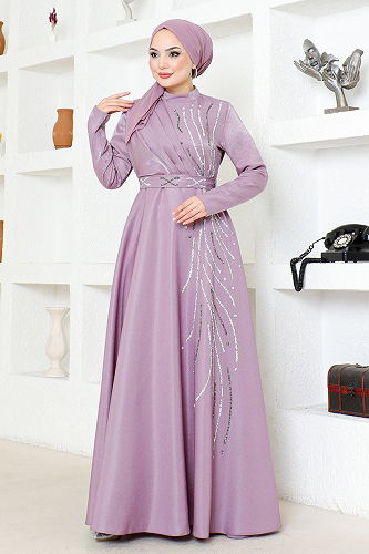 moda selvim Stone Detailed Satin Evening Dress LPN6067-M Lilac - Thumbnail