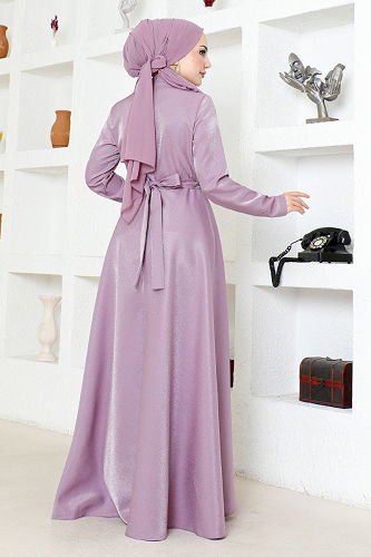 moda selvim Stone Detailed Satin Evening Dress LPN6067-M Lilac - Thumbnail