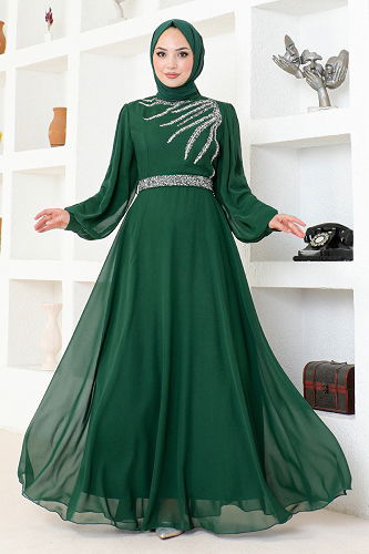 moda selvim Stone Embroidered Chiffon Evening Dress LPN6025-M Emerald - Thumbnail
