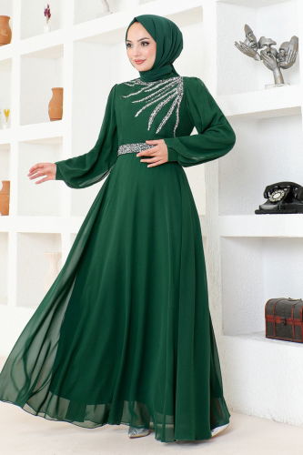 MRV L.P.N. - Stone Embroidered Chiffon Evening Dress LPN6025-M Emerald