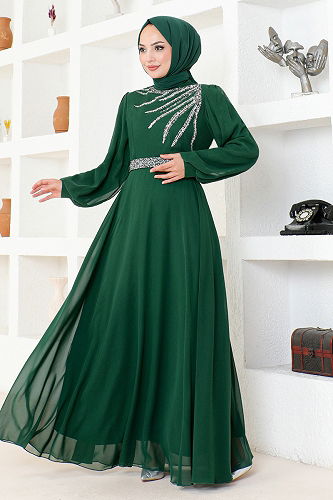 moda selvim Stone Embroidered Chiffon Evening Dress LPN6025-M Emerald - Thumbnail