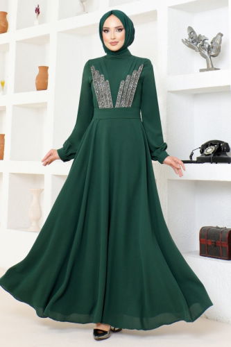 MRV E.M.O. - Stone Embroidered Crepe Evening Dress EMO6146-M Emerald