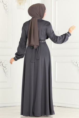 moda selvim Stone Embroidered Hijab Dress 260DVL817 Anthracite - Thumbnail