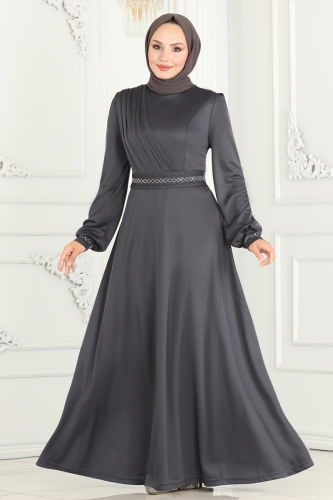 moda selvim Stone Embroidered Hijab Dress 260DVL817 Anthracite - Thumbnail