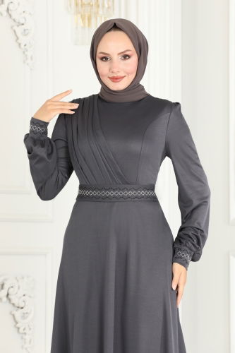 moda selvim Stone Embroidered Hijab Dress 260DVL817 Anthracite - Thumbnail