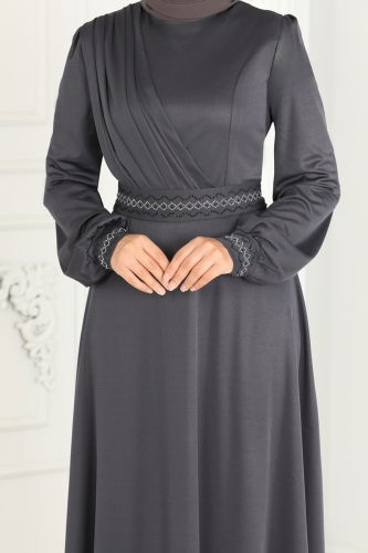 moda selvim Stone Embroidered Hijab Dress 260DVL817 Anthracite - Thumbnail