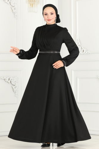 moda selvim Stone Embroidered Hijab Dress 260DVL817 Black - Thumbnail