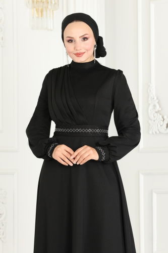 moda selvim Stone Embroidered Hijab Dress 260DVL817 Black - Thumbnail