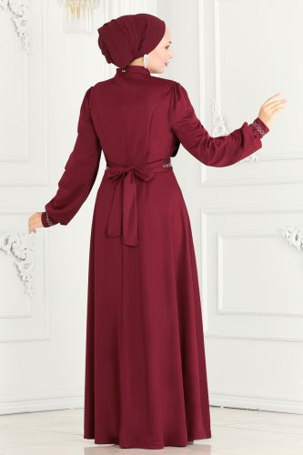 moda selvim Stone Embroidered Hijab Dress 260DVL817 Burgundy - Thumbnail