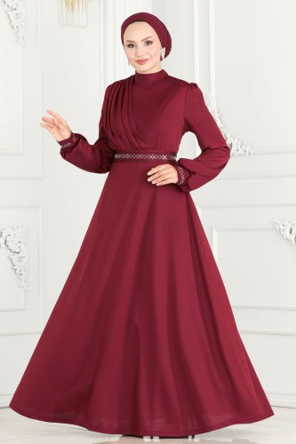 moda selvim Stone Embroidered Hijab Dress 260DVL817 Burgundy - Thumbnail