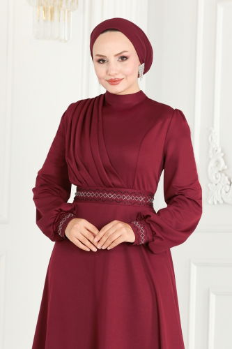 moda selvim Stone Embroidered Hijab Dress 260DVL817 Burgundy - Thumbnail