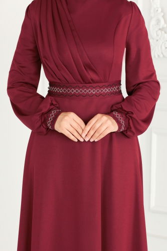 moda selvim Stone Embroidered Hijab Dress 260DVL817 Burgundy - Thumbnail