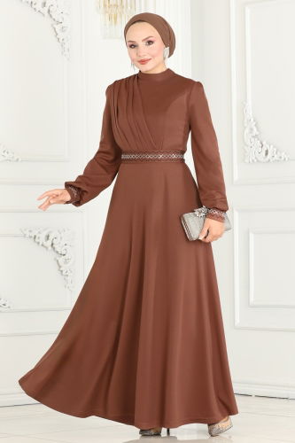 moda selvim Stone Embroidered Hijab Dress 260DVL817 Brown - Thumbnail