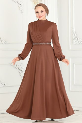 moda selvim Stone Embroidered Hijab Dress 260DVL817 Brown - Thumbnail