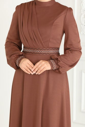 moda selvim Stone Embroidered Hijab Dress 260DVL817 Brown - Thumbnail