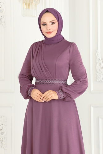 moda selvim Stone Embroidered Hijab Dress 260DVL817 Dark Lilac - Thumbnail