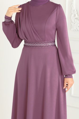 moda selvim Stone Embroidered Hijab Dress 260DVL817 Dark Lilac - Thumbnail