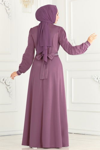 moda selvim Stone Embroidered Hijab Dress 260DVL817 Dark Lilac - Thumbnail