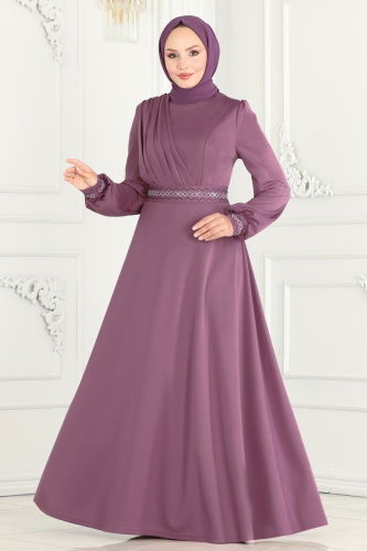 moda selvim Stone Embroidered Hijab Dress 260DVL817 Dark Lilac - Thumbnail