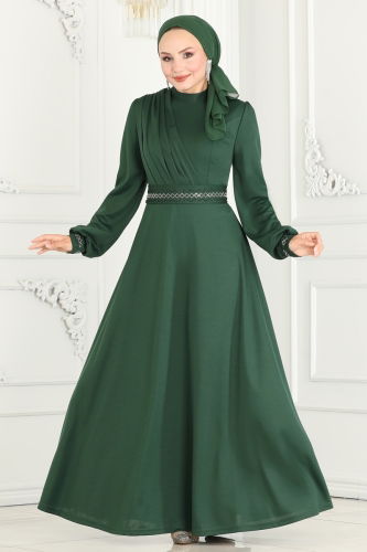 moda selvim Stone Embroidered Hijab Dress 260DVL817 Emerald - Thumbnail