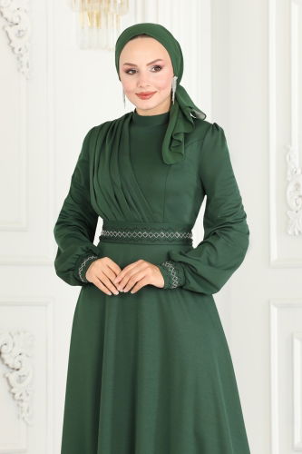 moda selvim Stone Embroidered Hijab Dress 260DVL817 Emerald - Thumbnail