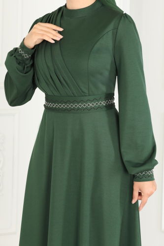 moda selvim Stone Embroidered Hijab Dress 260DVL817 Emerald - Thumbnail