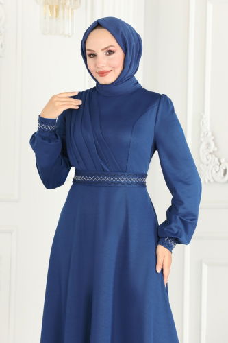 moda selvim Stone Embroidered Hijab Dress 260DVL817 Indigo - Thumbnail