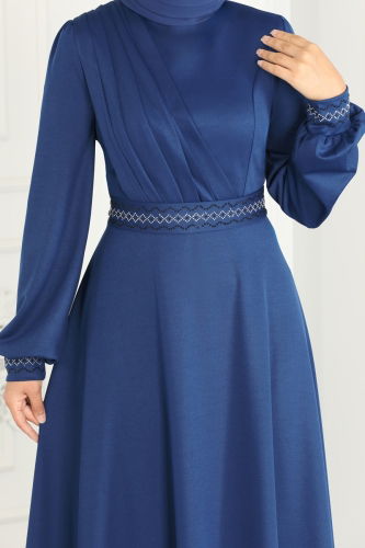 moda selvim Stone Embroidered Hijab Dress 260DVL817 Indigo - Thumbnail