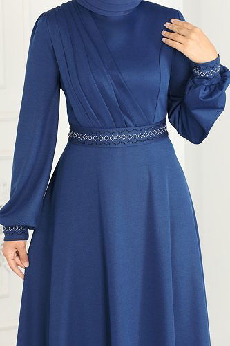 moda selvim Stone Embroidered Hijab Dress 260DVL817 Indigo - Thumbnail
