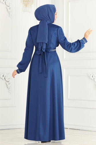 moda selvim Stone Embroidered Hijab Dress 260DVL817 Indigo - Thumbnail