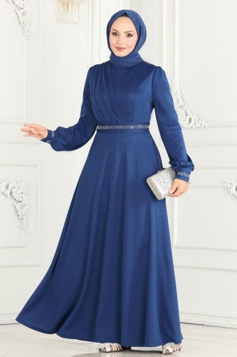 moda selvim Stone Embroidered Hijab Dress 260DVL817 Indigo - Thumbnail