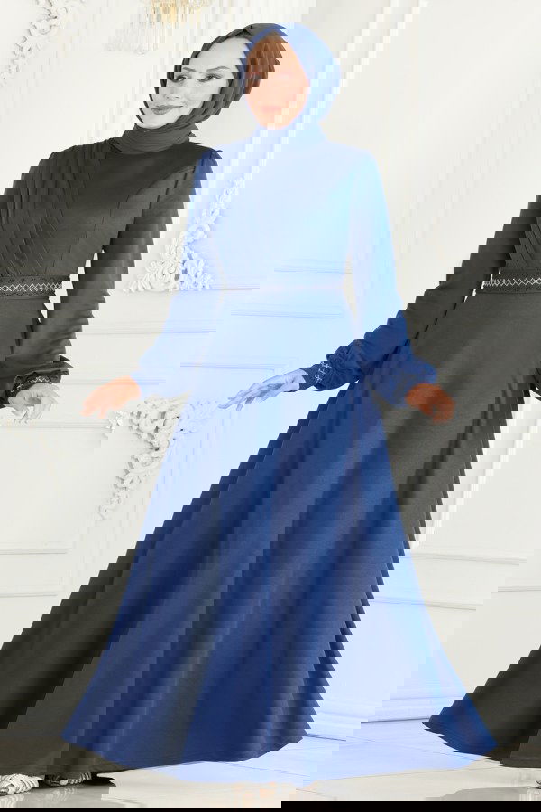 Modaselvim NET 20%+20% DISCOUNT IN THE CARD Stone Embroidered Hijab Dress 260DVL817 Indigo