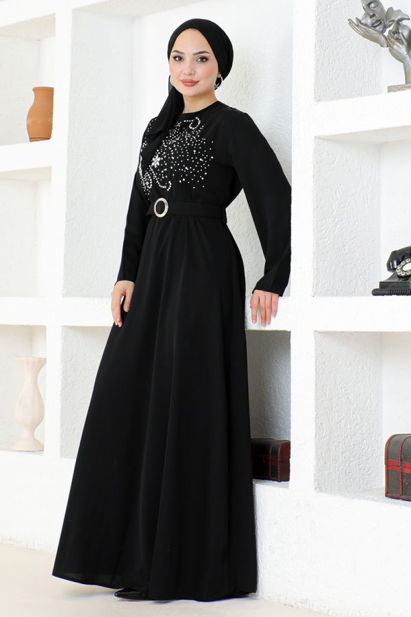 Modaselvim NET 20%+20% DISCOUNT IN THE CARD Stone Embroidered Hijab Evening Dress SHD5387-M Black
