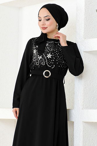 moda selvim Stone Embroidered Hijab Evening Dress SHD5387-M Black - Thumbnail