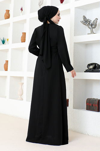 moda selvim Stone Embroidered Hijab Evening Dress SHD5387-M Black - Thumbnail