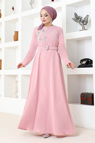 moda selvim Stone Embroidered Hijab Evening Dress SHD5387-M Powder - Thumbnail